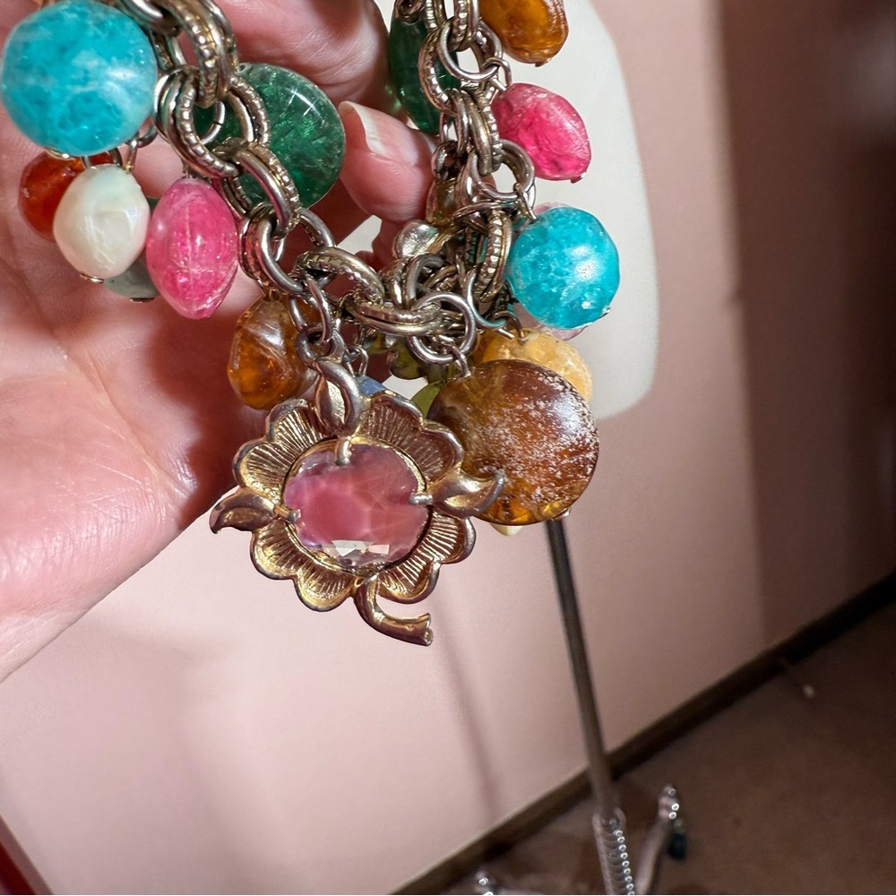 Vintage 1950 60 Retro Colorful Plastic Glass gold Full Charm Bracelet